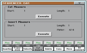 Pagina Cut Insert della funzione Song Edit nel sequencer Korg