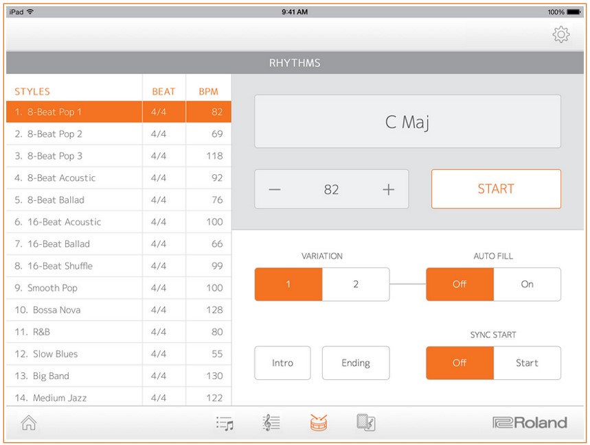 Pagina principale dell'app software Roland Piano Partner 2